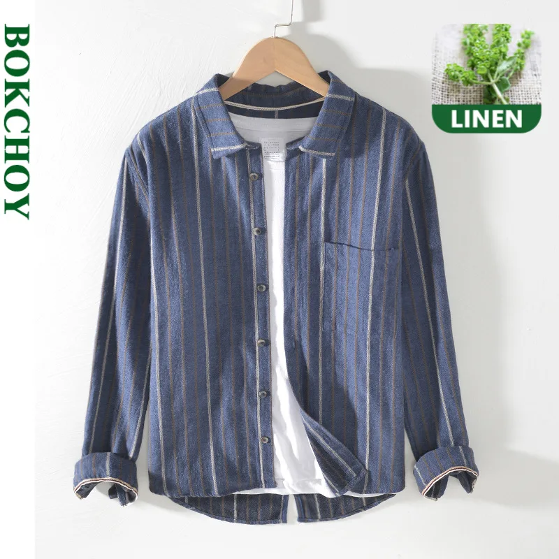 

Striped Linen Shirts for Man Cotton Hemp Made Breathable Comfortable Long Sleeve 2020 Autumn Winter New GML03-1919
