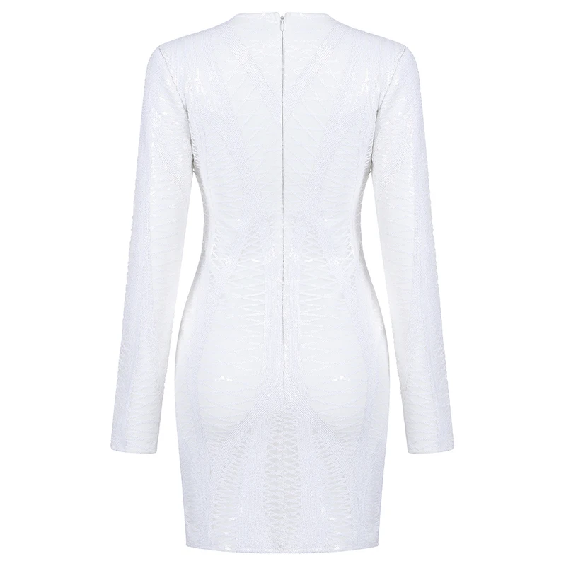 

Beateen O Neck Sequined Long Sleeve Bodycon Mini Dress 2019 New Back Zip Fashion Women Party Club White Vestidos
