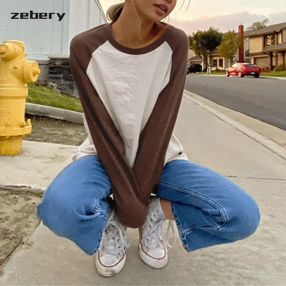 

90s Fashion Casual Top LooseT-Shirt Top Y2k Pullover Oversized Base Long Sleeve Round Neck Stitching Brown Fashion Casual Loose