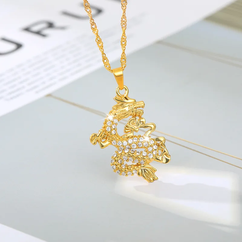 

2021 Dragon Pendant Necklaces Gold Color Jewellery for Women Men Choker with Rhinestones Aesthetic Amulets and Mascot Ornaments