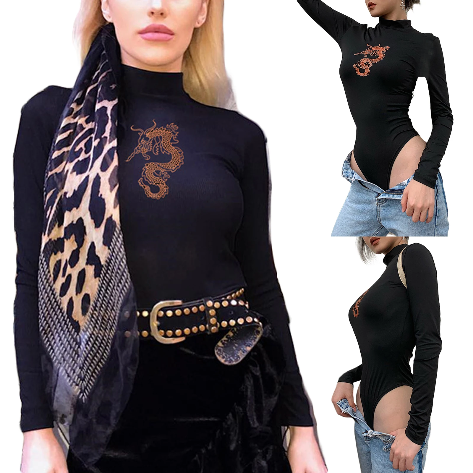 

2021 New Women’s Casual Long Sleeve Bodysuit Fashion Dragon Printing Round Neck Tight Short Jumpsuit Bikini Playsuit