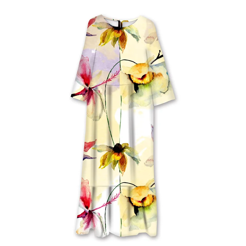 

Fashion Dragonfly Print Women Flower Straight Dress Casual O-Neck 3/4 Sleeves Loose Long Dresses Elegant Ruffle Bohemia Vestidos