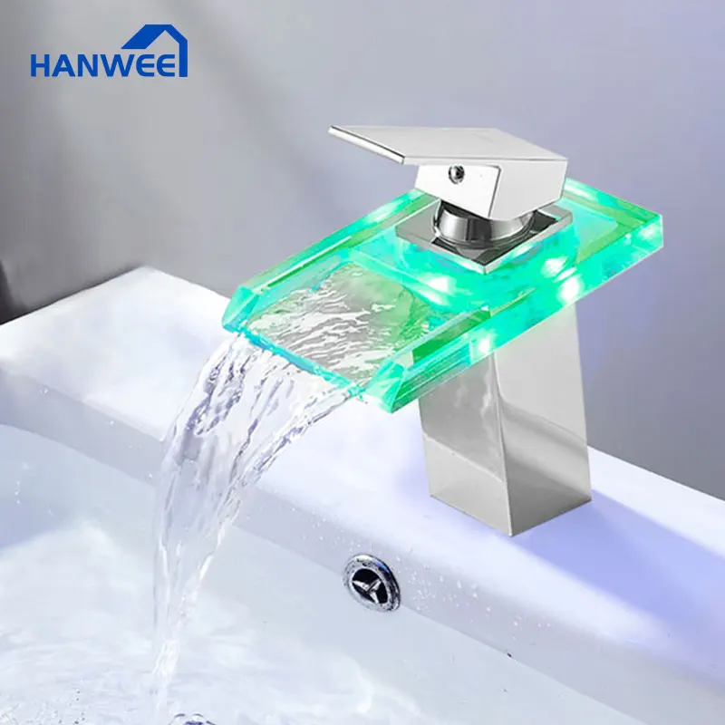 Светодиодный смеситель для раковины латунный кран Водопад с регулировкой