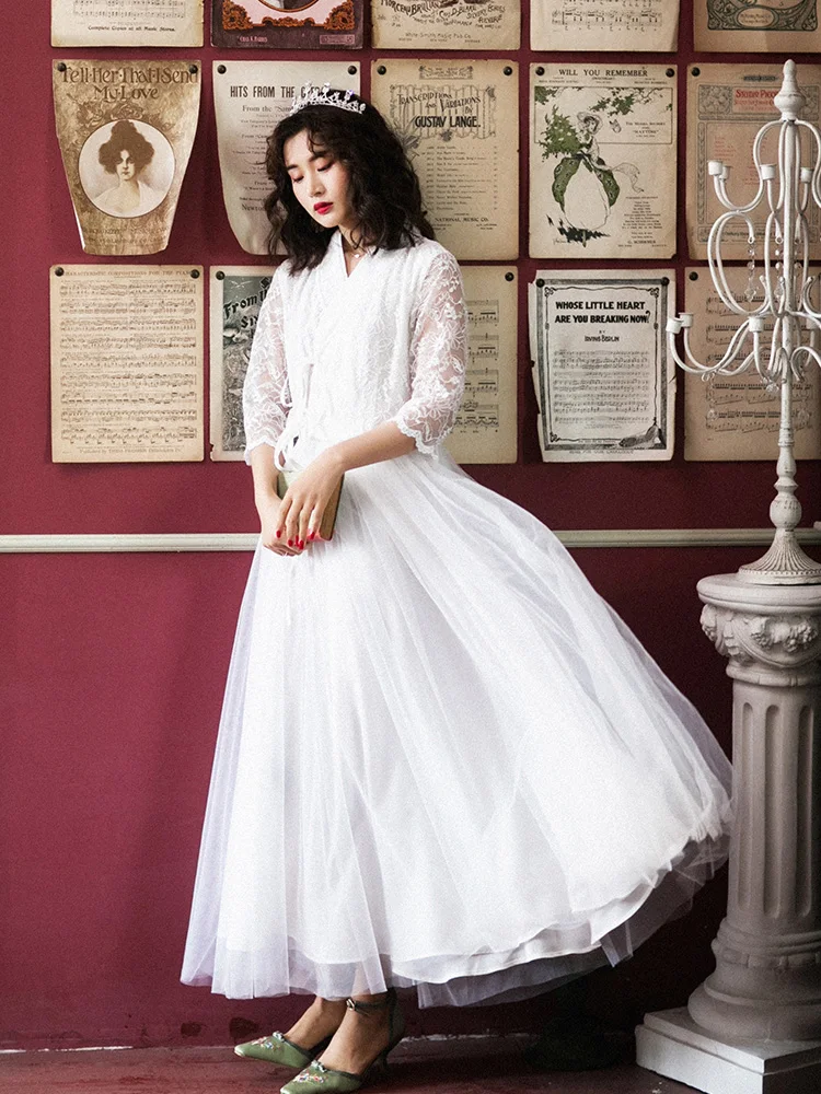 

IRINAMM152 2020SS three quarter sleeve long lace tulle dress white