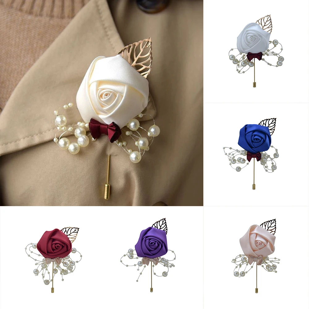 Кремовый Атласный цветок жениха бутоньерка Романтический Искусственный Жемчуг