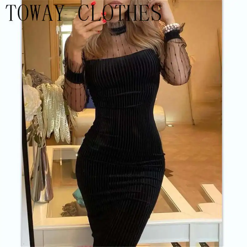 

Women Long Sleeve NEW Dot Mesh Mock Neck Bodycon Dress