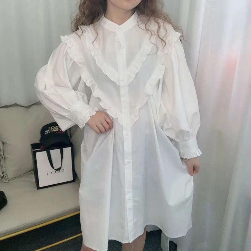 Женское платье рубашка с рукавами фонариками [EWQ] Розовое свободное оборками в