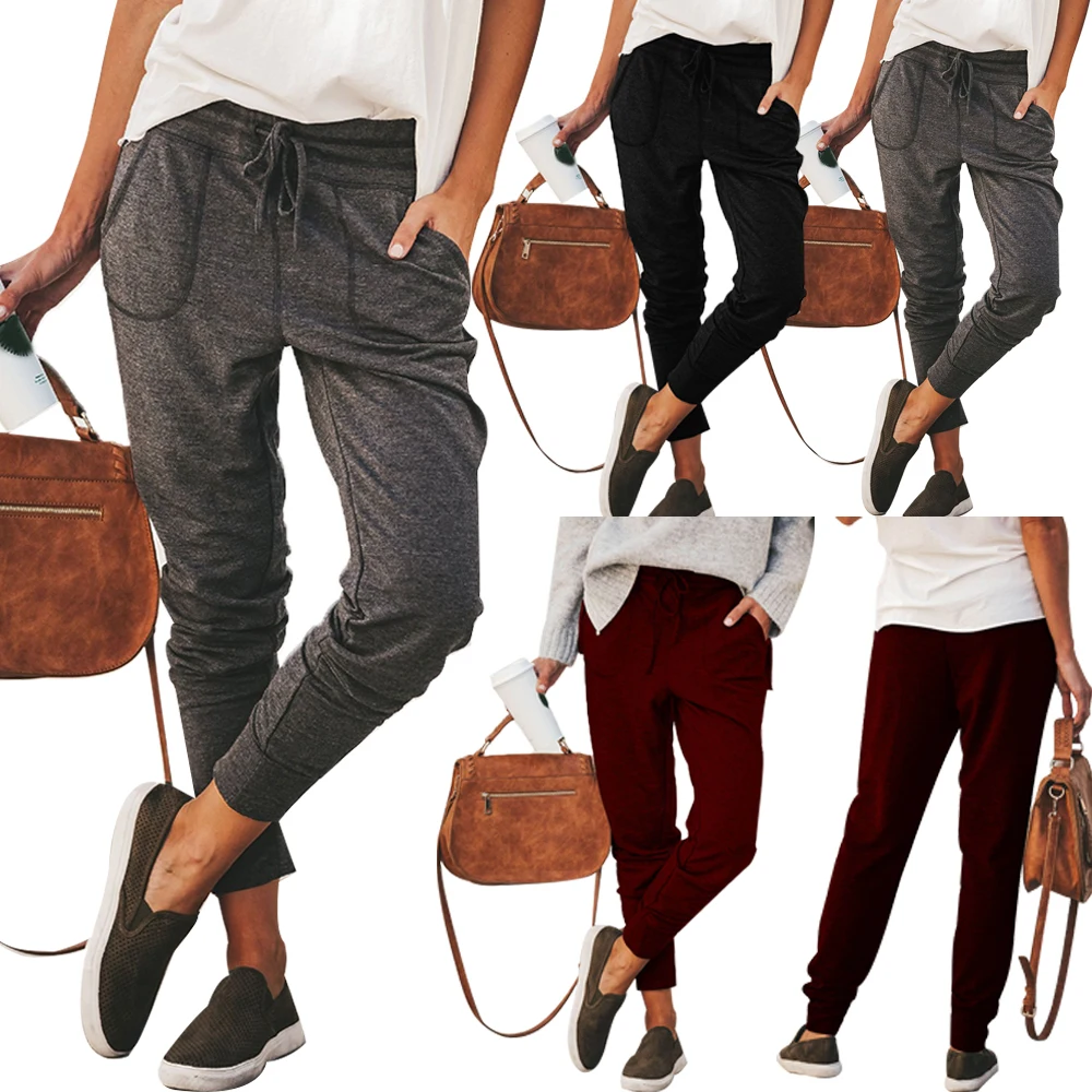 Брюки Женские однотонные на шнуровке джоггеры повседневные облегающие длинные