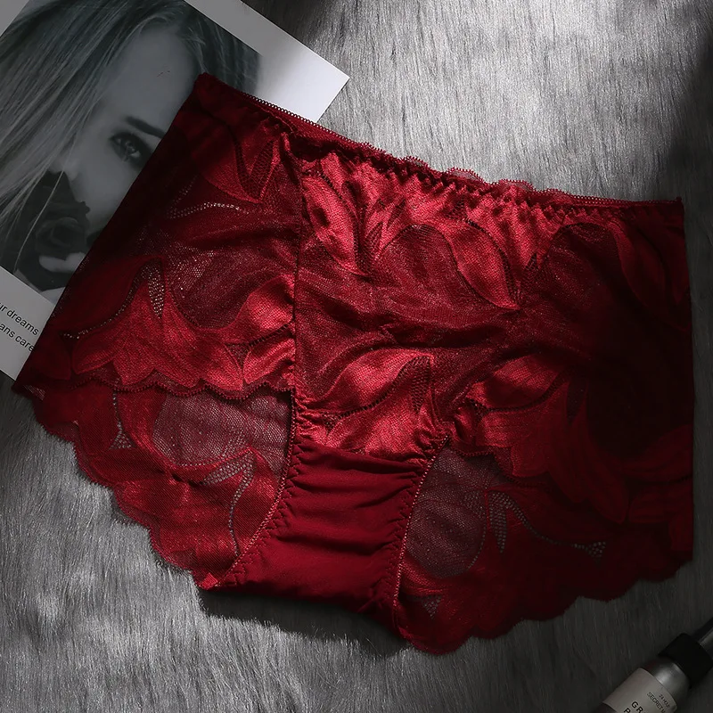 Бургундия Ropa interior femenina трусики сексуальное женское нижнее белье плюс размер 5XL кружевные цветочные прозрачные полые женские трусики - Цвет: Бургундия