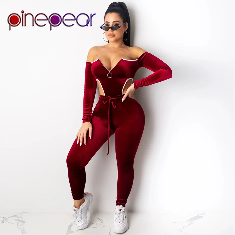 Женское велюровое боди на молнии и штаны комплект из 2 предметов|Наборы для