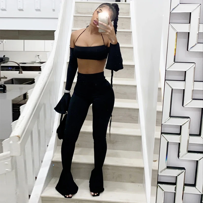 

hirigin 2020 Long Flare Sleeve Halter Slash Neck Sexy Crop Top Leggings 2 Pieces Set Autumn Winter Women Tracksuit