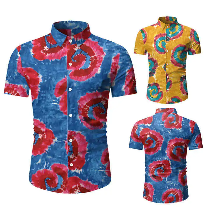 

2020 Spring Summer Men Short Sleeve Regular Shirts Yellow Blue Print Beach Casual Shirt Camisas Male Fashion Streetwear M-3XL