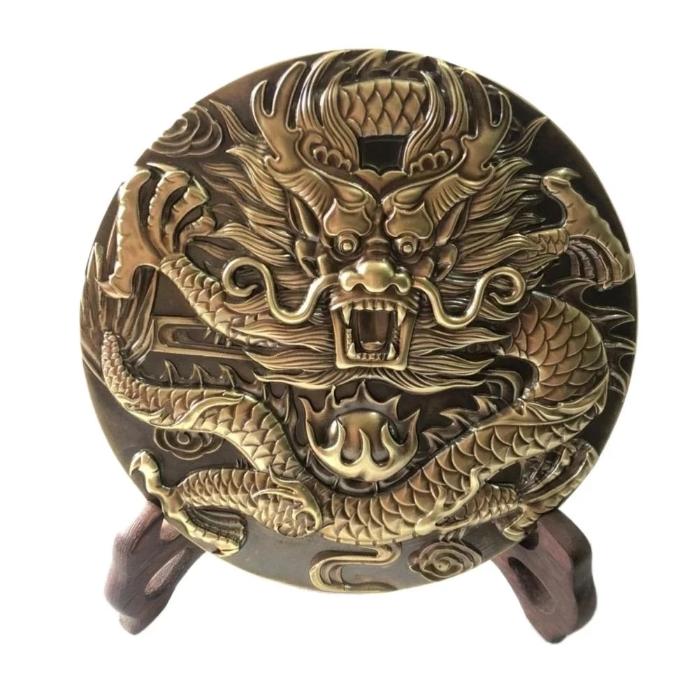 

China Family patron saint Five claws Golden Dragon statue house disc, dish plate,metal decoration home decor