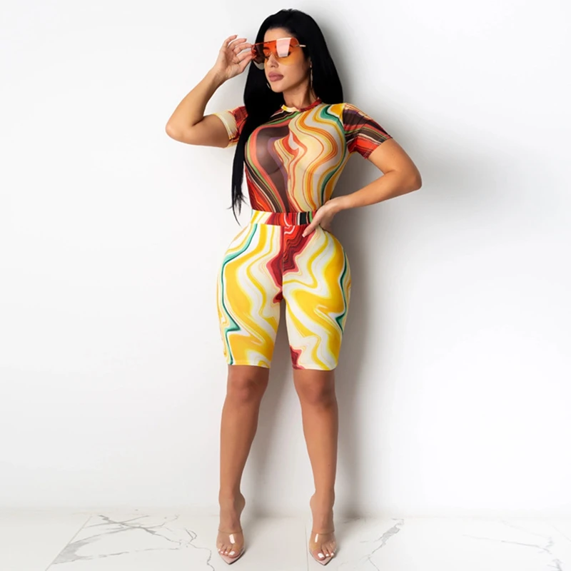 

Print Short Sleeve Bodysuit Biker Shorts 2 Pieces Set Summer Women Fashion Streetwear Outfits Tracksuit Red M