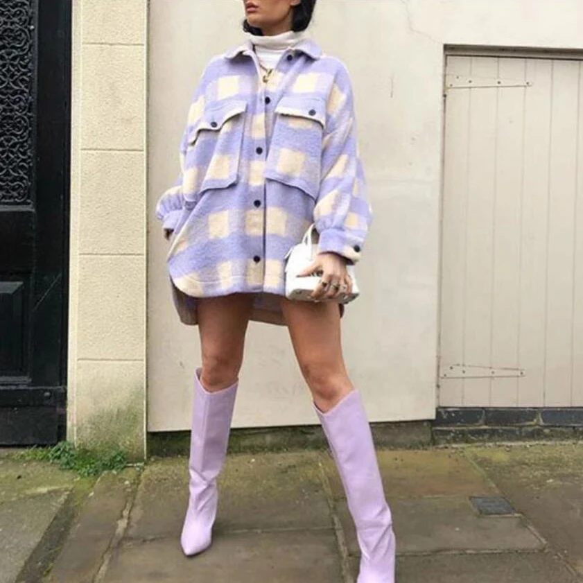 Новинка 2021 модная облегающая фиолетовая куртка пальто винтажная клетчатая
