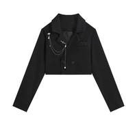 2022 gothic punk crop blazer coat jacket womens long sleeve black cardigan double breasted chain design goth fashion outerwear