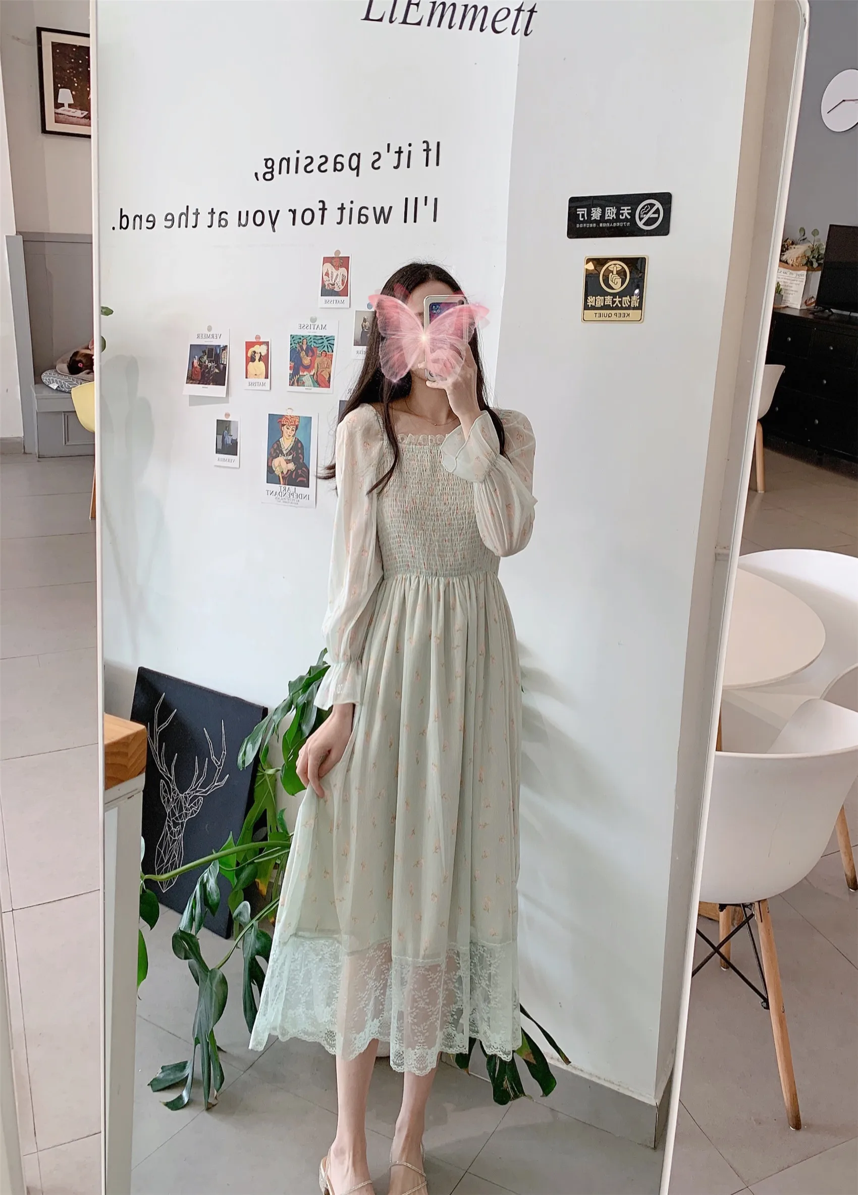 

2022 New Style First Love Fairy Skirt Floral Lace Chiffon Square Collar Waist Hugging Explicit Thin Long Dress Women 's