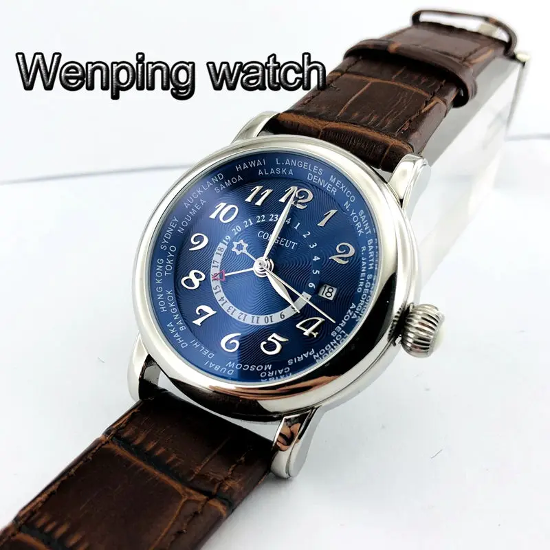 43 мм corgeut большой пилот GMT синий циферблат Дата Коричневая кожа Автоматические