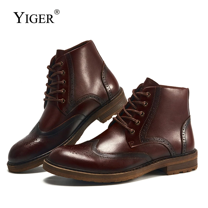 

YIGER Men's Chelsea Boots Man Casual Martins Boots Male Ankle Bullock plus size Genuine Leather Vintage Brown High Quality Boots