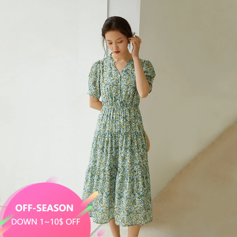 

FANSILANEN Office Lady French Floral High Waist Dress Women Summer 2021 New Sweet Style Green Long Boho Dress For Women