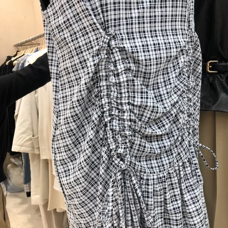 

Summer Sleeveless Woman Plaid Dress 2021 New Temperament Slim Vestidos Mujer Chic Shirring Designed Fresh Dresses Women