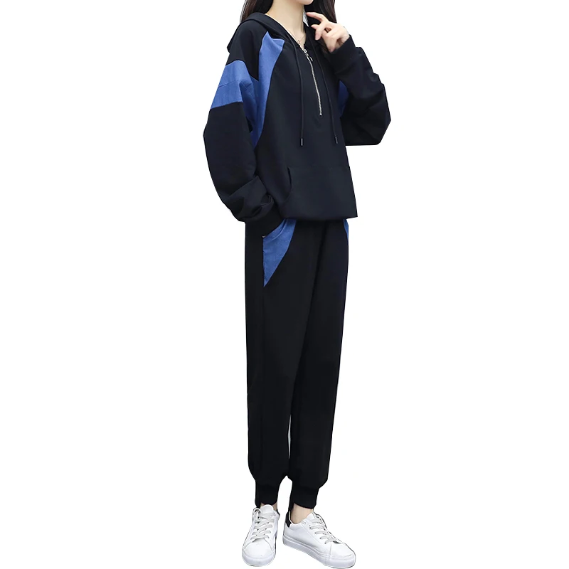 

Plus Size L-5XL Women Sports Suit Hooded Top And Pant Two Piece Demin Patchwork Tracksuit Matching Set Winter Clothes Outfit