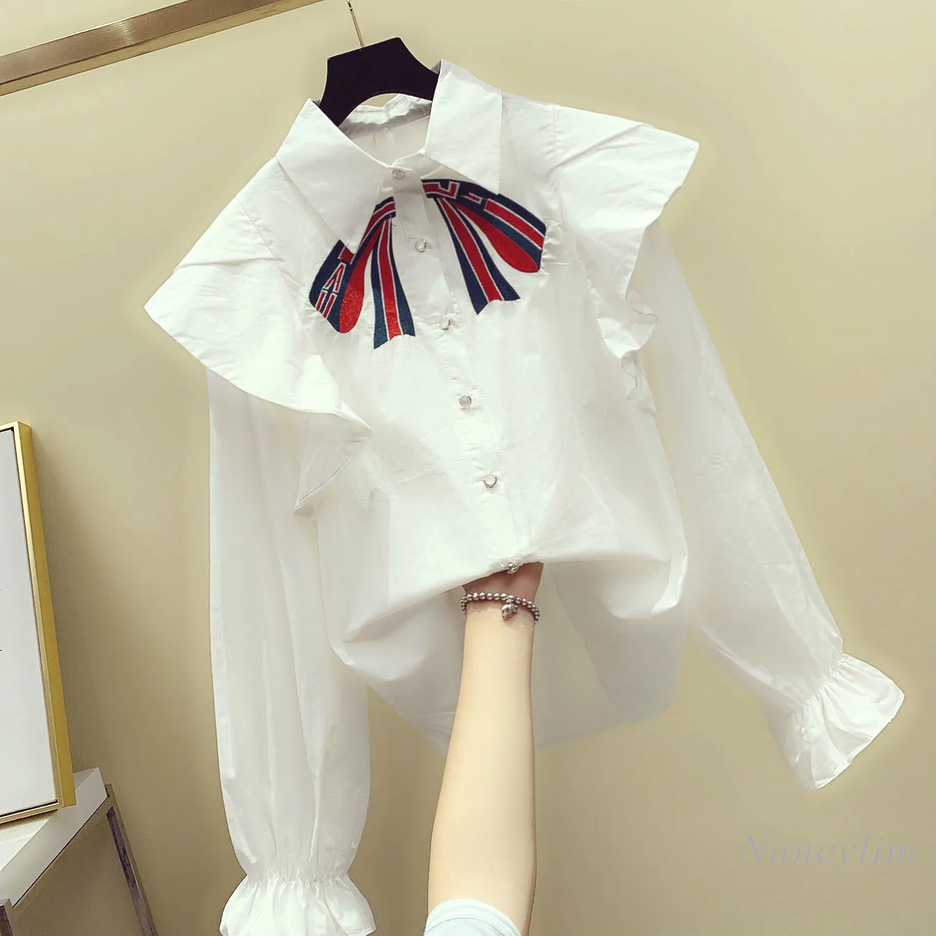 Ruffled Embroidered Bow Shirt for Women 2021 Spring and Autumn Long Sleeve Fashion White Blouse Lady Students Tops Nancylim