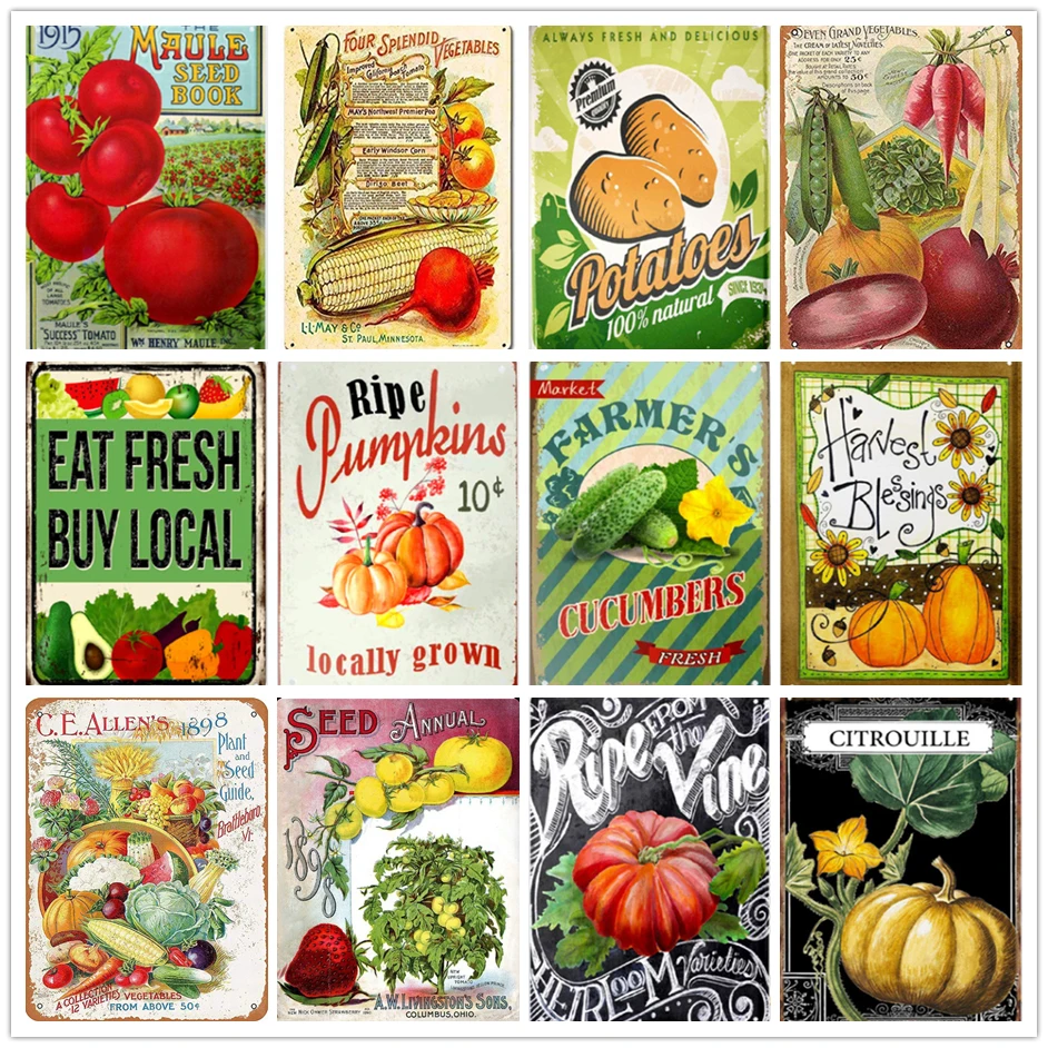 Vintage Farm Metal Tin Sign Tomato Strawberry Seed Annual 1898 Retro Vegetable Fruit Kitchen Wall Plaques Home Decoration