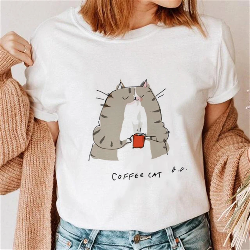 

Women Graphic Cat Funny Letter Sweet Lovely Girl 90s Cartoon Short Sleeve Lady Print Female Clothes Tops Tees Tshirt T-Shirt