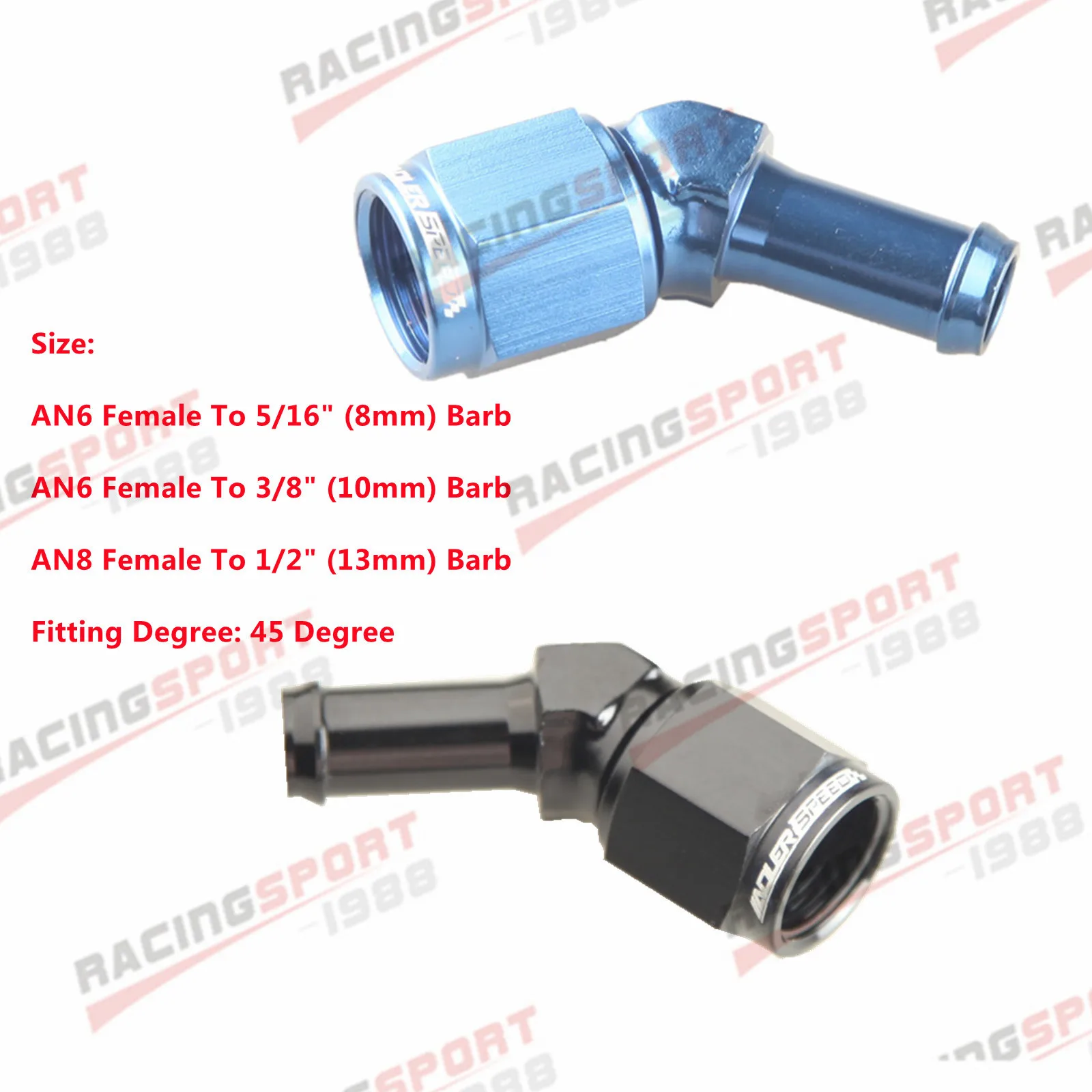 

ADLER SPEED AN6 AN8 Female To 5/16" 3/8" 1/2" Barb Aluminum 45 Degree Hose Barb Adapter Blue/Black