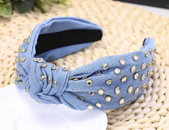 light blue Богемная Этническая джинсовая лента для волос с узлом в центре, стразы, завязанная головная повязка, аксессуары для волос - Цвет: light blue