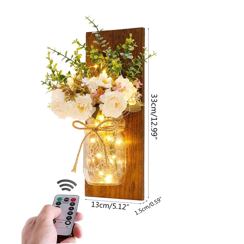 

2Pcs Rustic LED Sconces Handmade White Yellow Peony Fairy Lights Wall Art Remote Controlled Farmhouse Kitchen Home