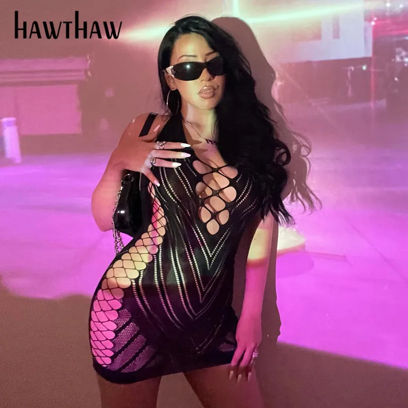 

Hawthaw Women Autumn Winter Sexy Party Club Net Kniited Bodycon Black Mini Dress Streetwear 2021 Fall Clothes Wholesale Items