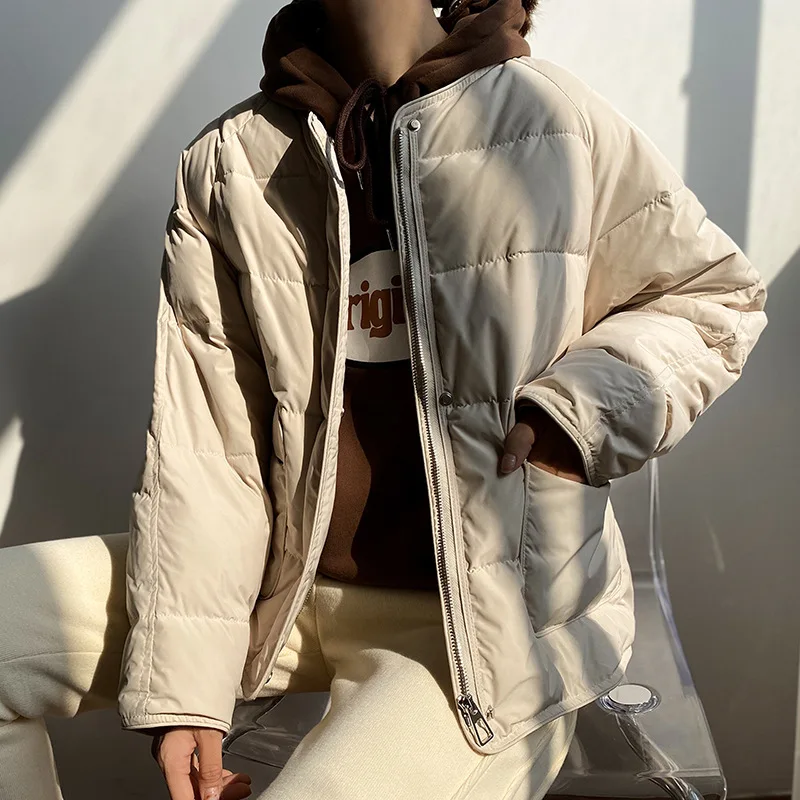 

Женский теплый пуховик, свободная куртка в Корейском стиле с круглым вырезом, легкая куртка на белом утином пуху, новинка зимы 2021