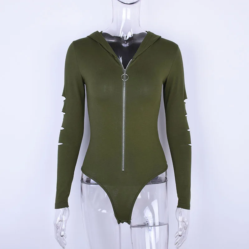 

2020 New Arrivals Sexy Ladies Bodysuits Long Sleeve Zipper Hoodie White Black Army green Solid High Street Bodysuit For Women