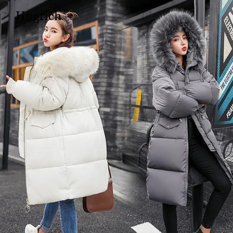 

Korean Style Winter Long Jacket Women Oversize Loose Thick Long Parka Hooded With False Fur Collar Female Coat Overcoat