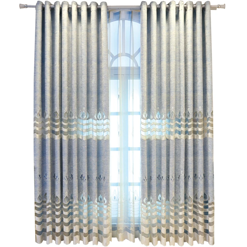 

New Simple European Curtains for Living Room and Bedroom Simple Modern High-end Blue Chenille Hollow Embroidered Curtains