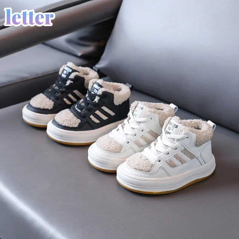 

Новинка зимы 2021, Детские флисовые маленькие белые ботинки на низком каблуке, Повседневные детские зимние ботинки, теплая хлопковая обувь дл...
