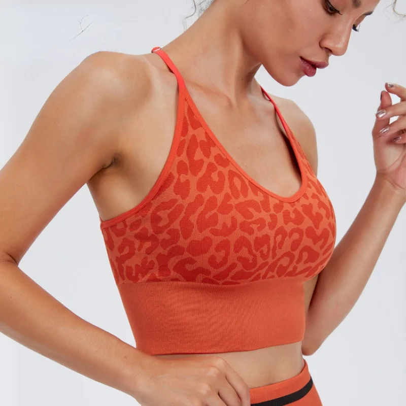

Shockproof Running Fitness Yoga Underwear Leopard Print Medium Long Thin Shoulder Strap Beautiful Back Sports Bra