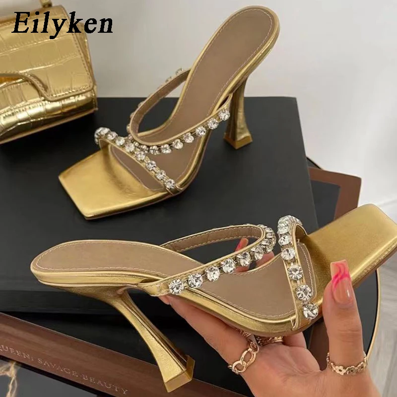 

Eilyken New Fashion Gladiator Crystal Diamond High Heels Slippers Gold Square Open Toe Slip On Women Summer Slides Shoes