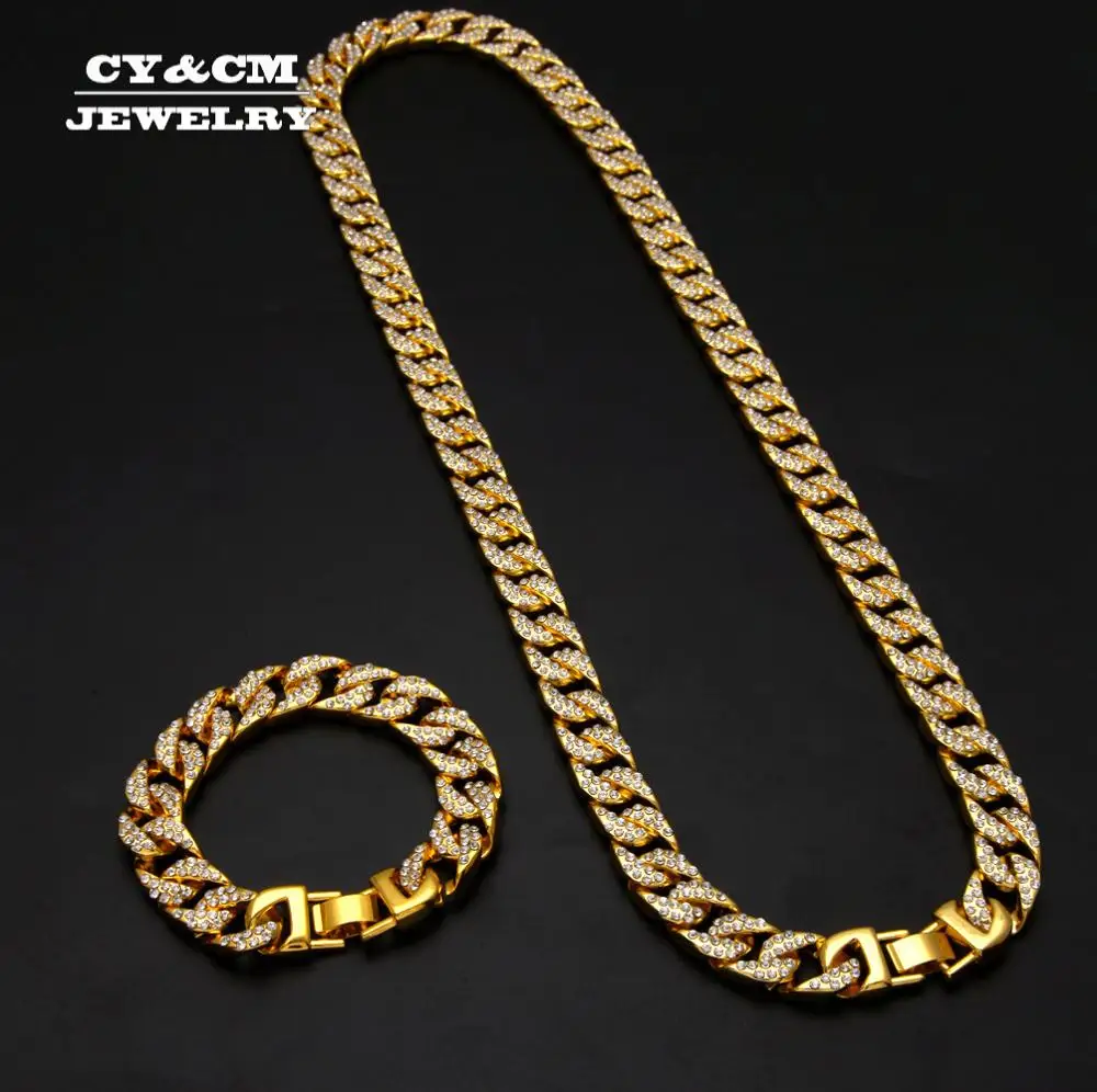 Хип-хоп Iced Out, кубинская цепочка для мужчин, шикарные хрустальные стразы CZ Rapper золотого и серебряного цвета, ожерелье, ювелирные браслеты