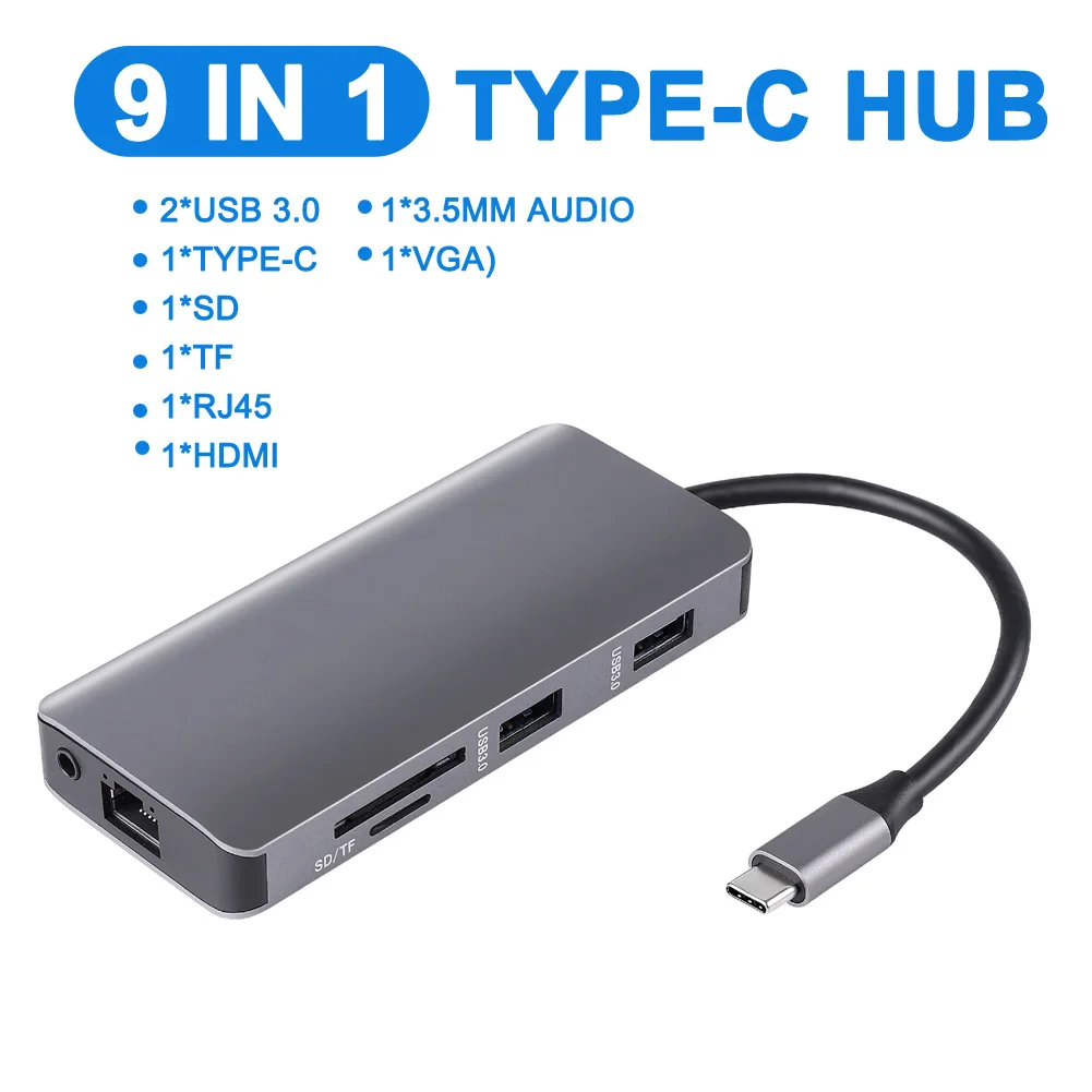 

USB C Hub 9 in 1 Type C to SD/TF Card Reader RJ45 VGA 3.5mm audio USB 3.0 HUB Adapter for MacBook Air Pro Huawei Xiaomi Samsung