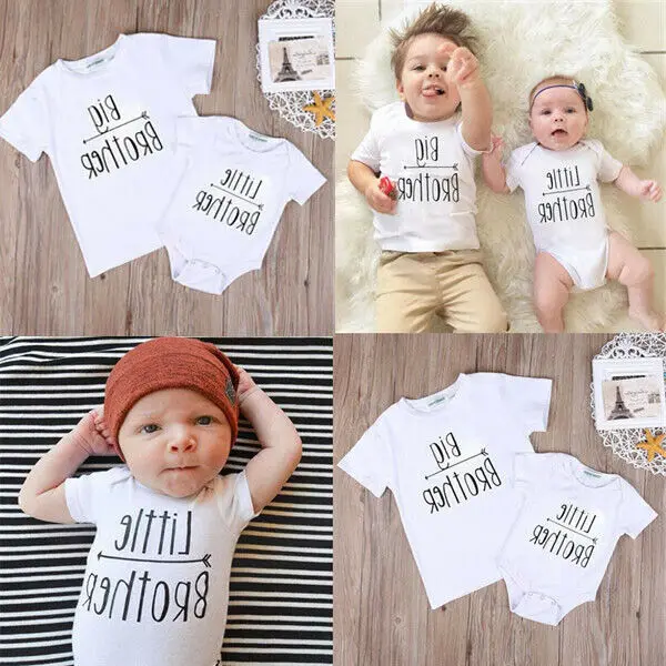 Casual Summer Baby Boy Matching Clothes Little/Big Brother Cotton Letter Bodysuit Jumpsuit Short Sleeve Tops T-shirt 0-7T | Мать и