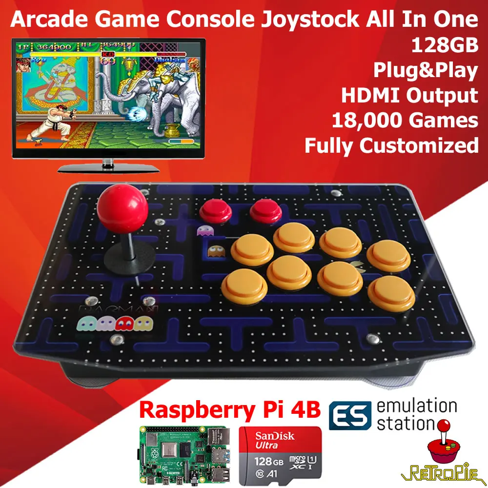 Аркадная ретро палка для стрельбы все в одном 128G Plug Play Raspberry PI 4 Model B Гб панель