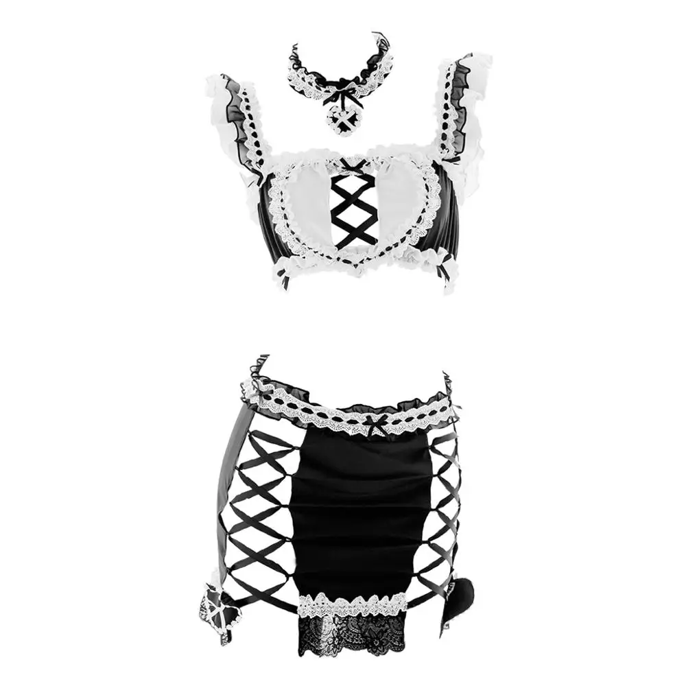 

Sexy Women's Lingerie Set Black White Ribbon Ruffle Lace Love Hollow Camisoles Skirt Underwear Set Perspective Women Sleepwear