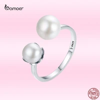 bamoer hot sale big double pearl open finger rings genuine 925 sterling silver adjustable ring elegant wedding party jewelry
