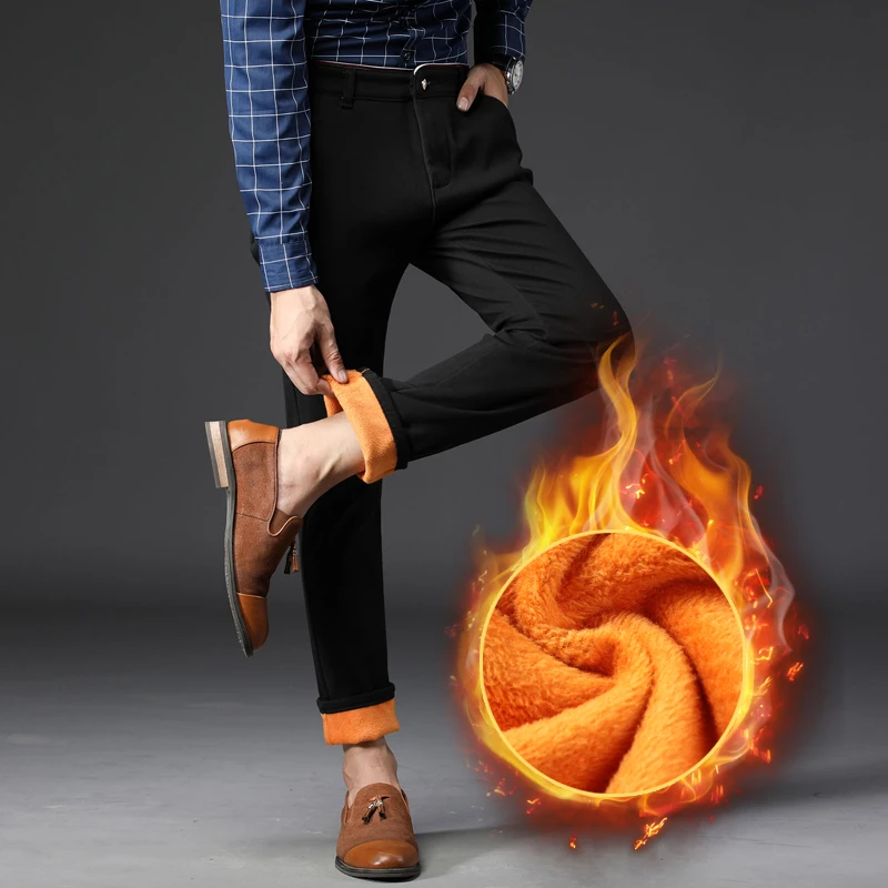 Мужские повседневные брюки с флисовой подкладкой темно-синие однотонные