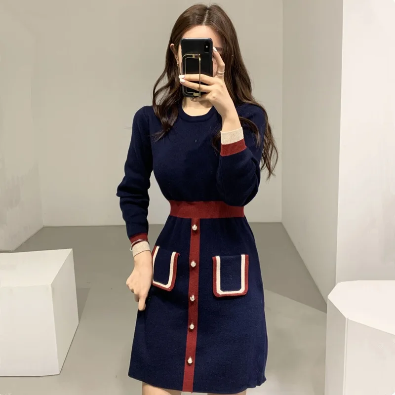 Женское трикотажное платье свитер в полоску с длинным рукавом и пуговицами весна