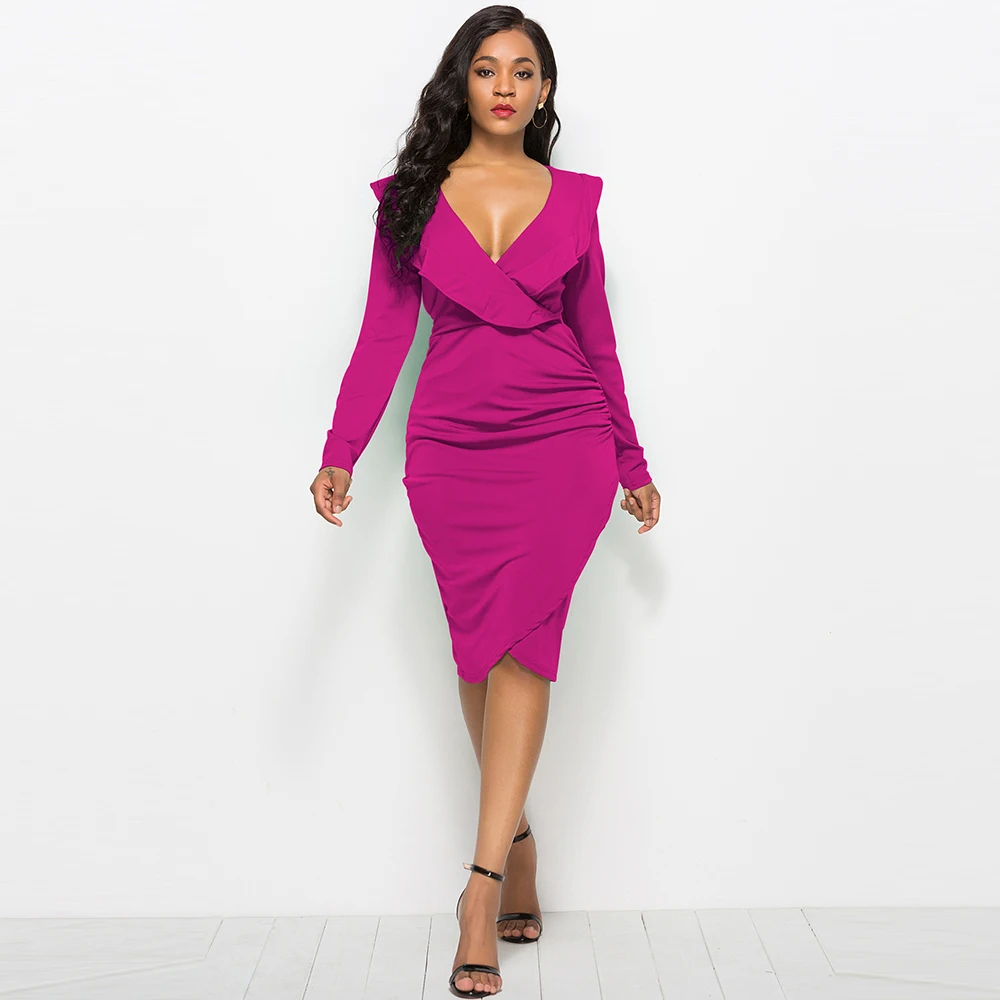 

Sexy Deep V-neck Ruffles Bodycon Dresses Women 2021 Spring Autumn Casual Plus Size Long Sleeve Vintage Elegant Slim Party Dress