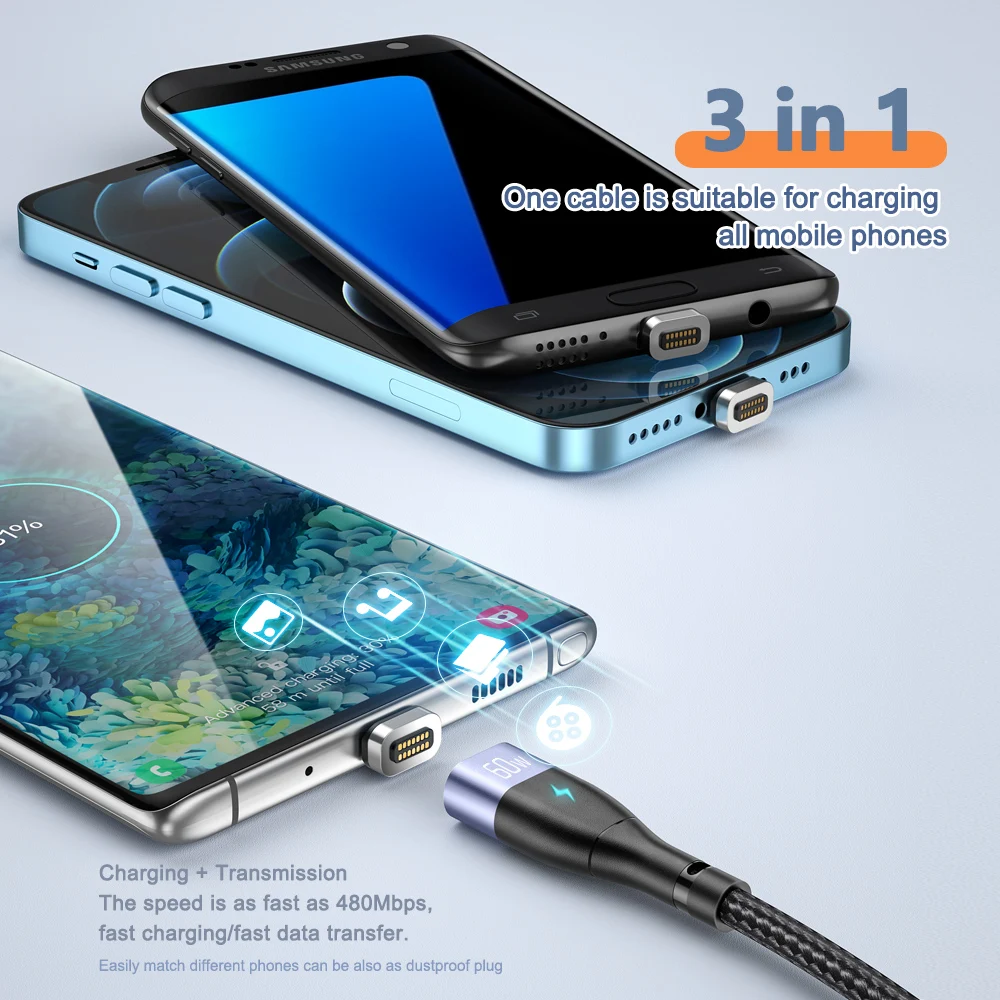 Elough Кабель 60 Вт USB C к Type PD Магнитный кабель Quick Charge 4.0 Lighting Wire Cord для iPhone X Xiaomi Realme POCO